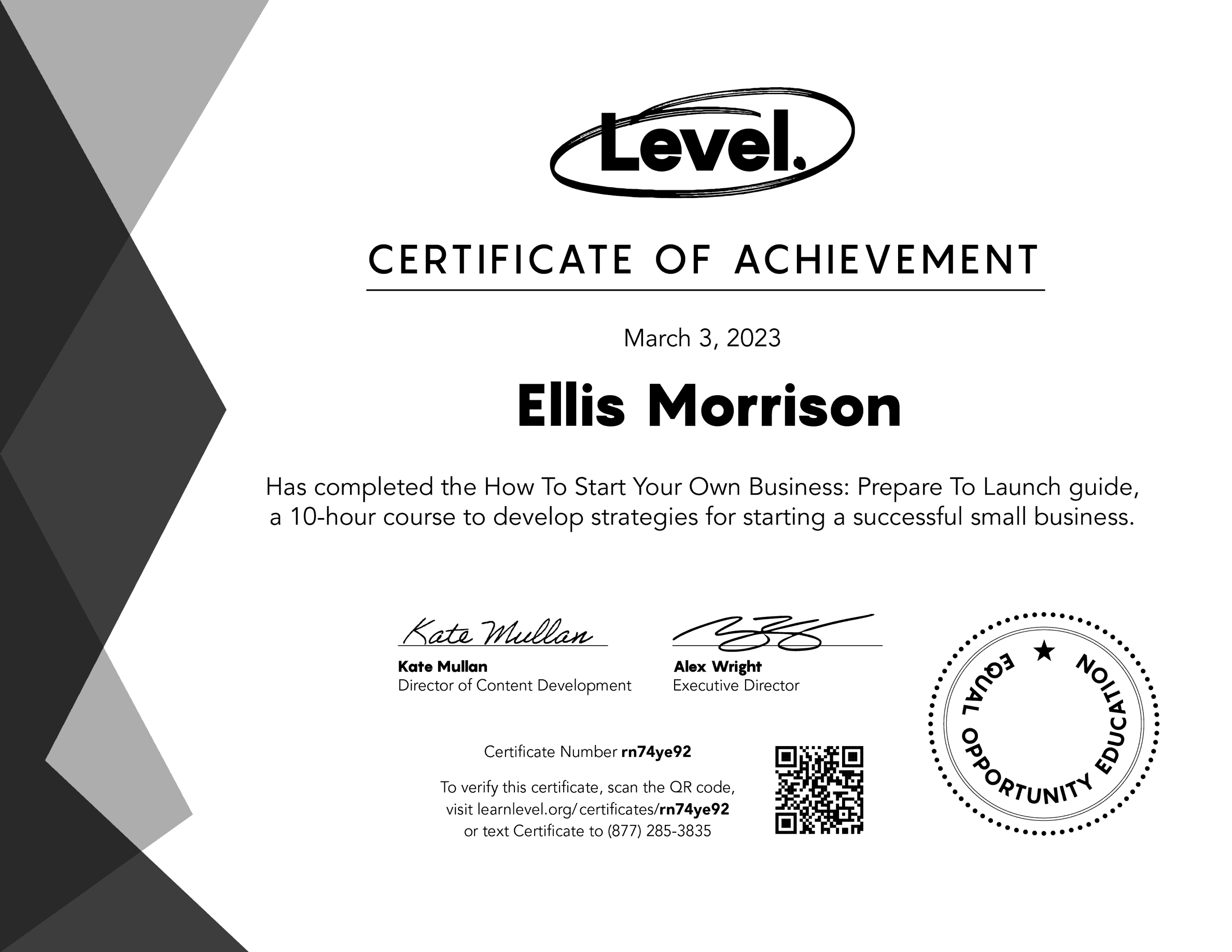 certificate of achievement sent by level to people in prison