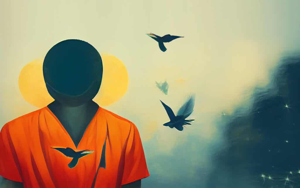 illustration of person in prison using educational program from Level