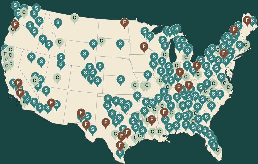 Map of prisons and jails served by Level's prison education program