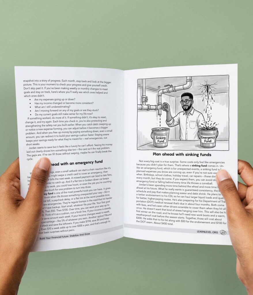 Hands holding an opened printed version of Level's prison education guide Build Your Financial Future: Stabilize And Grow