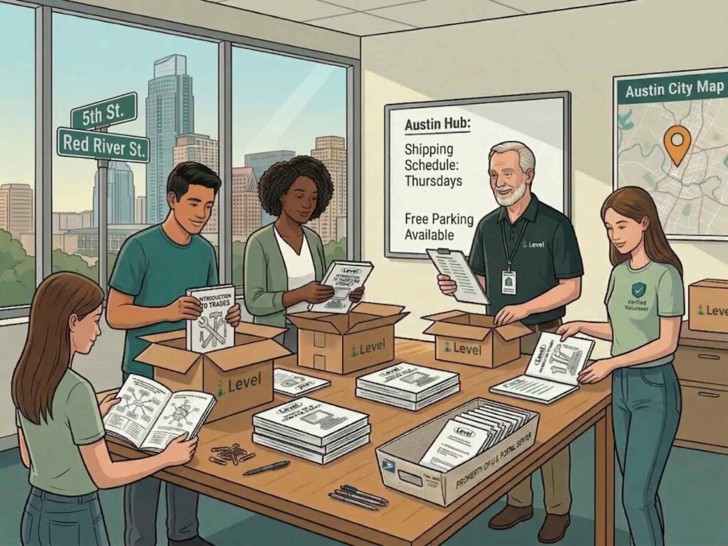 Illustration showing in-person volunteering in Austin for the nonprofit Level