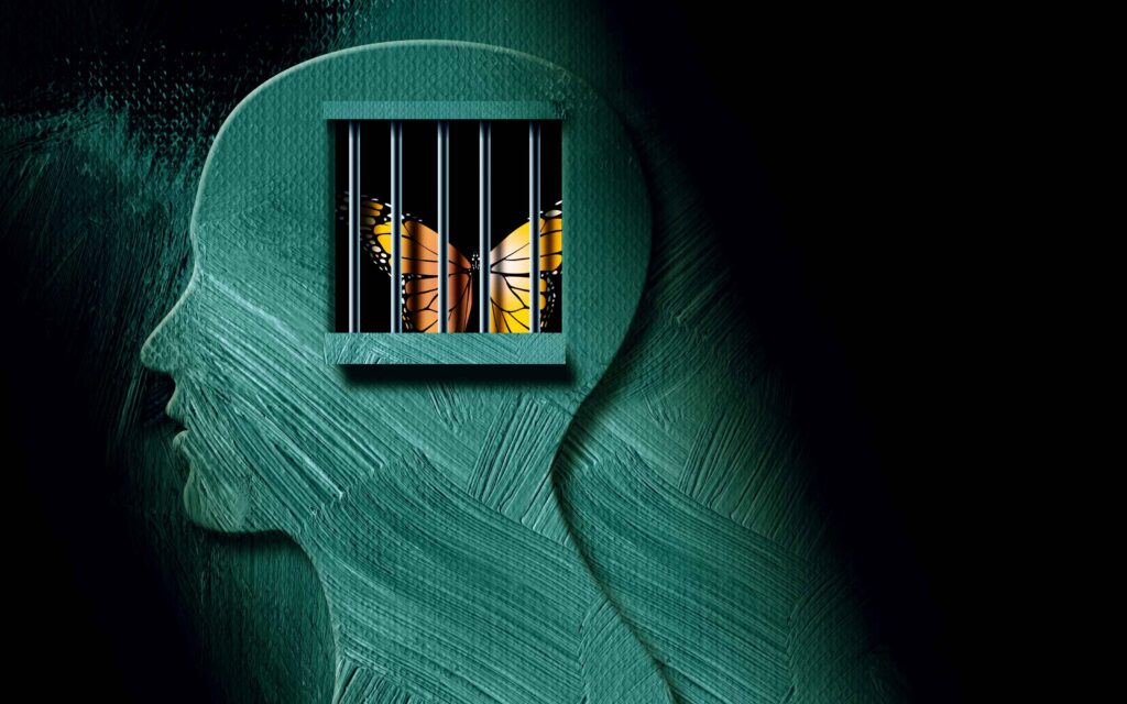 Artistic illustration of a person in prison with a butterfly